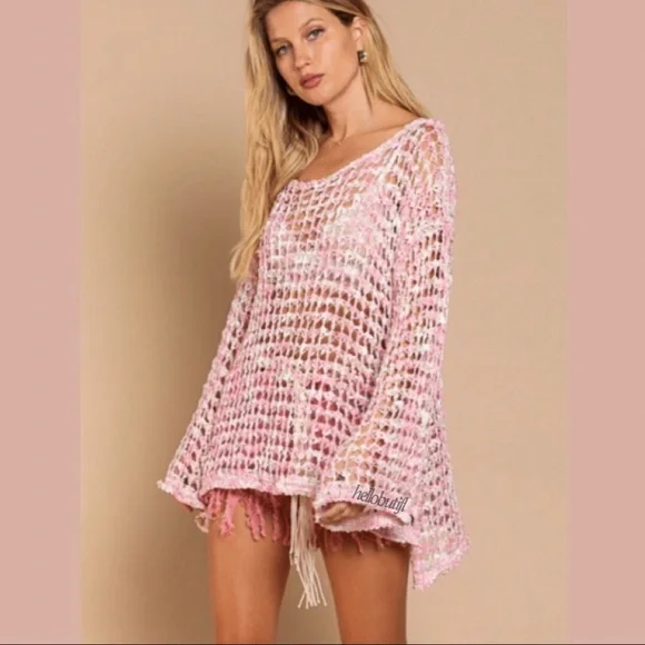 POL Pink Cream Fishnet Sweater Loose Knit Fishnet Tunic Sweater - Picture 3 of 14